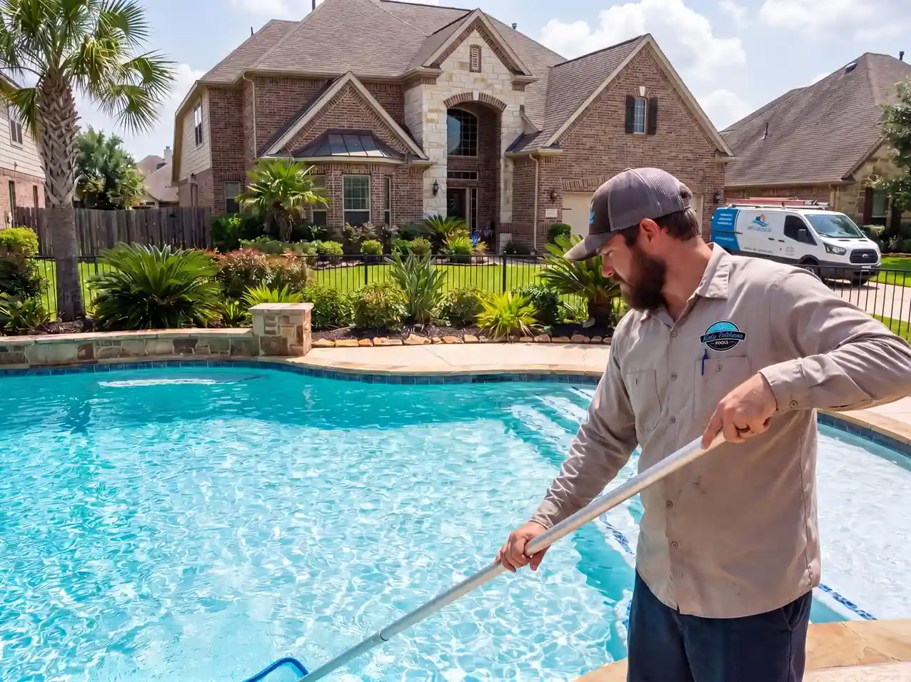 Katy-Fulshear Pools technician skimming a pool